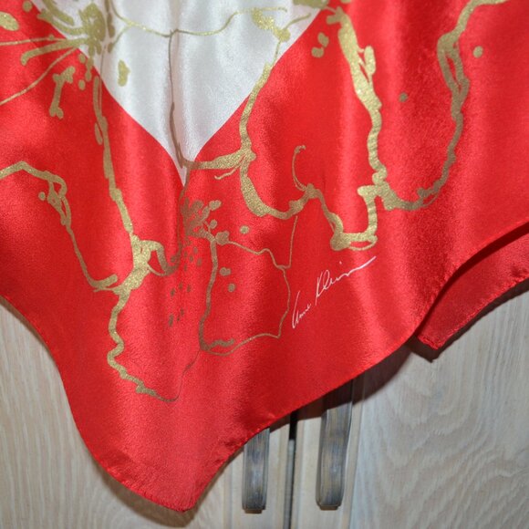 Anne Klein Silk Scarf, Signed, 40 Inches Square, Vintage Cream and Red with Gold - Picture 4 of 10